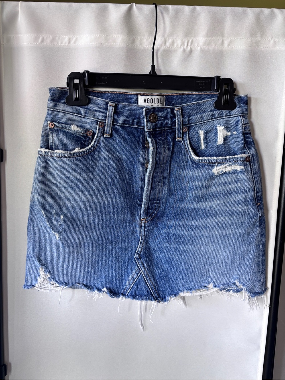 Agolde Blue Distressed Denim Mini Skirt with Frayed Hem